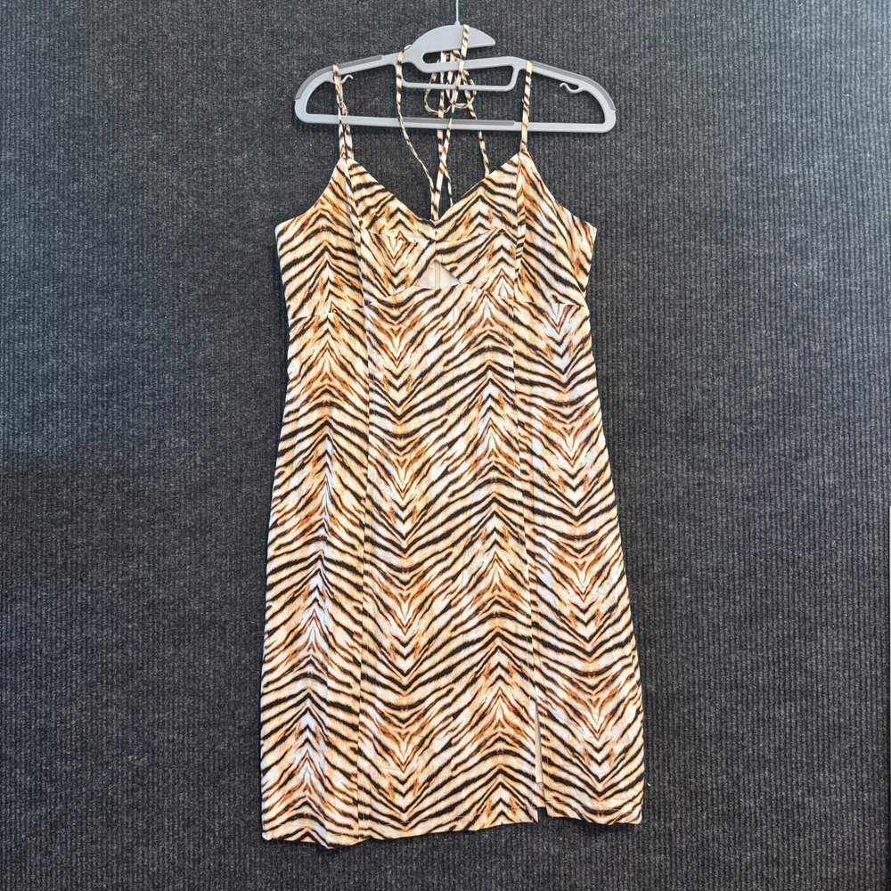 Bar III Mini Dress Women Medium Brown Tiger Stripe Cutout Tie Back Sleeveless